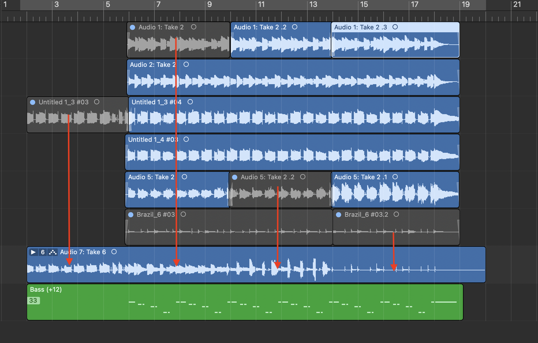 Logic-Pro-Projekt mit ausgegrauten, stummgeschalteten Regionen und Pfeilen zu den Stellen, an denen die Live-Gitarre die Lücken füllt